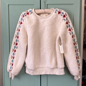 Anthropologie Maeve Hollie Embroidered Sherpa Pullover Sweater